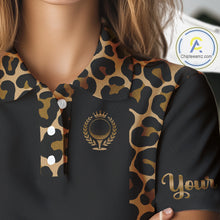 Load image into Gallery viewer, Womens Golf Polo Shirts Brown Leopard Pattern Black Golf Shirt Custom Name Golf Wear For Ladies NBT560