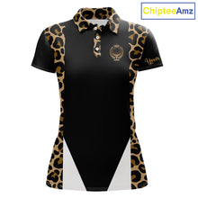 Load image into Gallery viewer, Womens Golf Polo Shirts Brown Leopard Pattern Black Golf Shirt Custom Name Golf Wear For Ladies NBT560