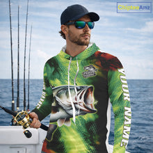Load image into Gallery viewer, Custom Green Camo Bass Long Sleeve Hooded Fishing Shirts, Bass Fishing Shirts For Men NBT449