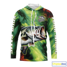 Load image into Gallery viewer, Custom Green Camo Bass Long Sleeve Hooded Fishing Shirts, Bass Fishing Shirts For Men NBT449