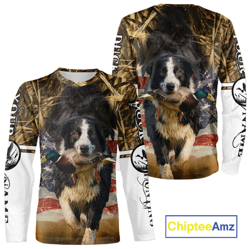 Border Collies Duck Hunting USA Flag Customized Name All Over Printed Shirts, Hunting Gifts NBT153