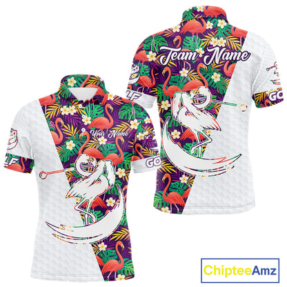 Men Golf Polo Shirts Colorful Floral Flamingo Pattern Tropical Leaves Custom Name Team Golf Shirts NBT524