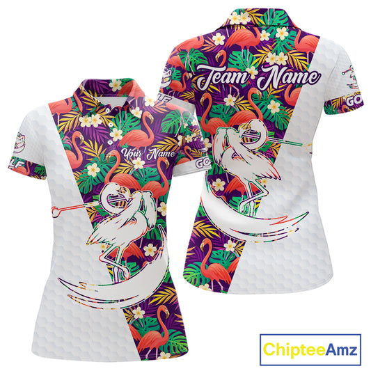 Women Golf Polo Shirts Colorful Floral Flamingo Pattern Tropical Leaves Custom Name Team Golf Shirts NBT524
