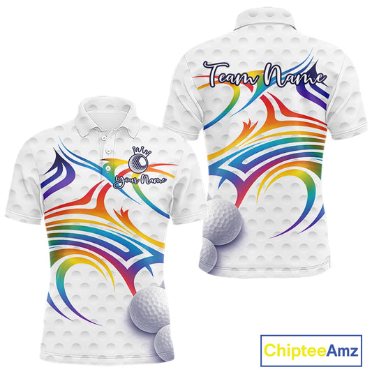 Rainbow Color Mens Golf Polo Shirts Golf Ball Pattern Custom Name, White Golf Shirt For Men NBT545
