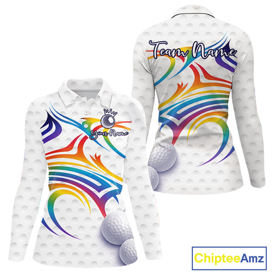 Rainbow Color Womens Golf Polo Shirts Golf Ball Pattern Custom Name, White Golf Shirt For Ladies NBT545