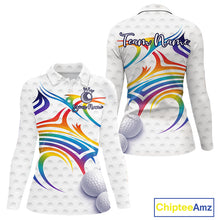 Load image into Gallery viewer, Rainbow Color Womens Golf Polo Shirts Golf Ball Pattern Custom Name, White Golf Shirt For Ladies NBT545