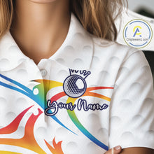 Load image into Gallery viewer, Rainbow Color Womens Golf Polo Shirts Golf Ball Pattern Custom Name, White Golf Shirt For Ladies NBT545