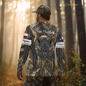 Texas Flag Wild Boar Hunting Camo Custom Name Shirts, TX Hog Hunting Shirt for Hunter NBT174