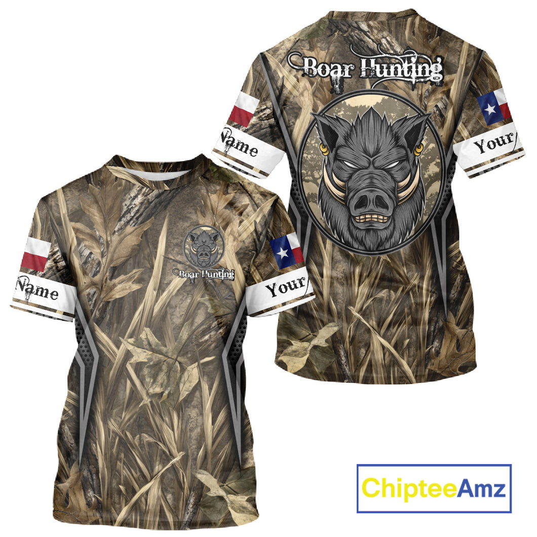 Texas Flag Wild Boar Hunting Camo Custom Name Shirts, TX Hog Hunting Shirt for Hunter NBT174