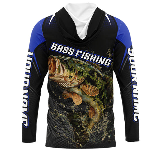Largemouth Bass Fishing Hood UV Protection Blue Custom Name Shirts, Bass Fishing Team Jerseys  NBT357