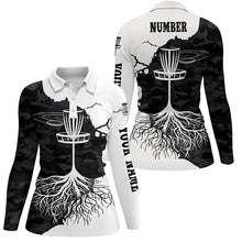 Load image into Gallery viewer, Black Camo Womens Disc Golf Polo Shirt Custom Black White Disc Golf Tops For Women Golf Gifts LDT1035