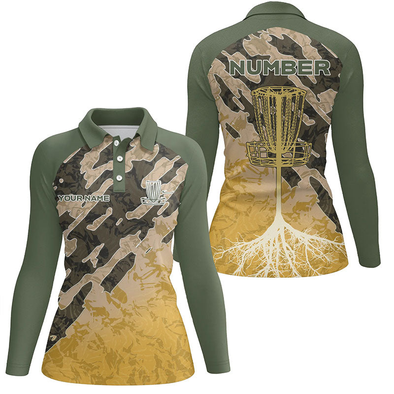 Customized Disc Golf Camo Forest Tribal Green Yellow Golf Polo Shirt Disc Golf Tops For Women LDT0842
