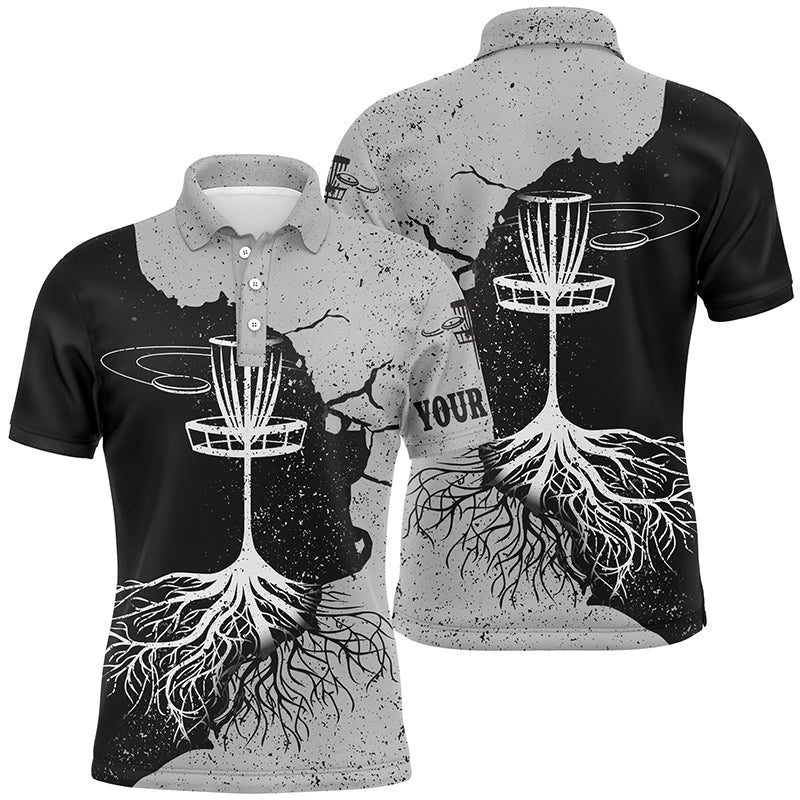 Mens Disc Golf Polo Shirt Custom Name Black & Gray Disc Golf Basket, Disc Golf Shirts For Men LDT0060