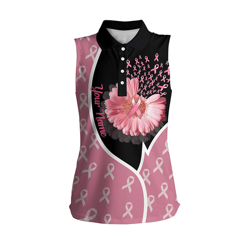 Womens Sleeveless Polo Shirt Flower Breast Cancer Awareness Black & Pink Custom Pink Ribbon Golf Tops LDT0259