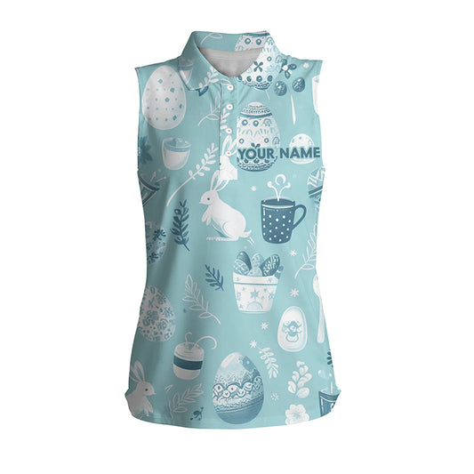 Blue Funny Easter Eggs & Bunnies Womens Sleeveless Polo Shirt Custom Easter Day Golf Tops For Women LDT1334