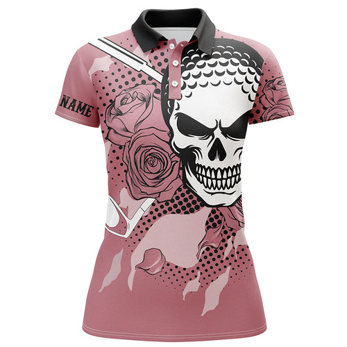 Personalized Pink Skull Womens Golf Polo Shirts Rose Golf Shirts For Women, Cool Golf Gifts LDT0156