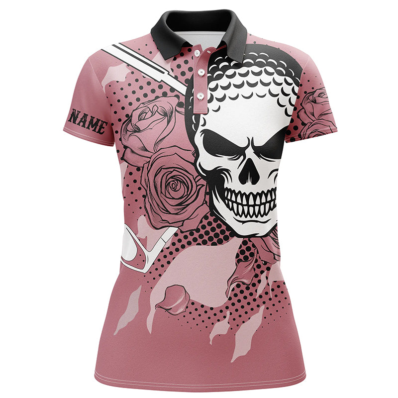 Personalized Pink Skull Womens Golf Polo Shirts Rose Golf Shirts For Women, Cool Golf Gifts LDT0156