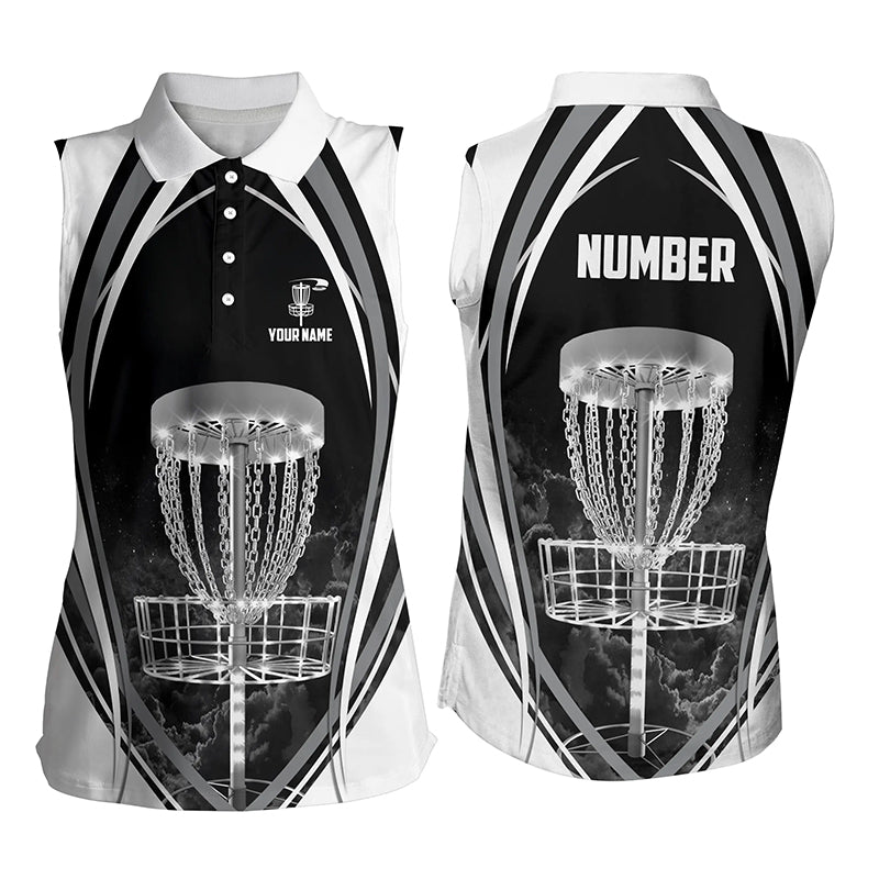 Black And White Womens Disc Golf Sleeveless Polo Shirt Custom Disc Golf Tops For Women Cool Golf Gift LDT0170