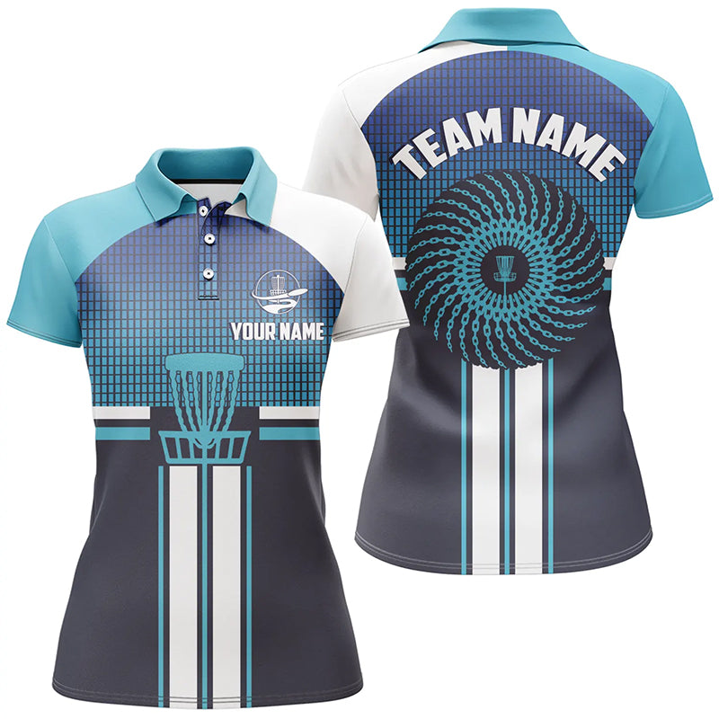 Customized Blue White Womens Disc Golf Polo Shirts Cool Disc Golf Shirt For Women Golf Gifts LDT0747