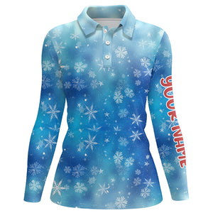 Snowflakes And Blurred Lights Blue Christmas Golf Polo Shirts Custom Golf Shirts For Women LDT0809