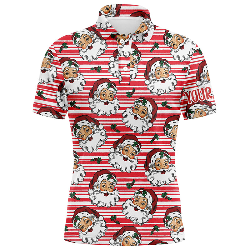 Vintage Cartoon Santa Claus With Holly Christmas Men Golf Polo Shirt Custom Cute Mens Golf Tops LDT0836