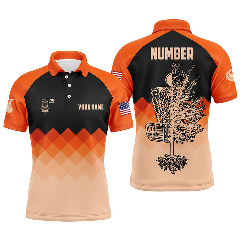 Orange Geometric Pattern Mens Disc Golf Polo Shirt Customized Disc Golf Shirts For Men LDT0514