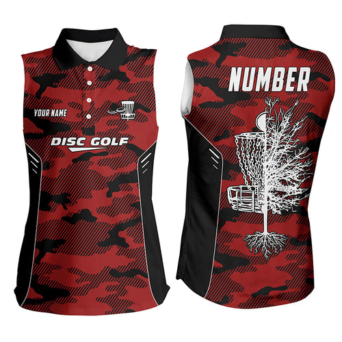 Camo Womens Sleeveless Golf Shirts, Custom Red Camo Golf Shirt Disc Golf Shirts For Women, Golf Gifts LDT0057
