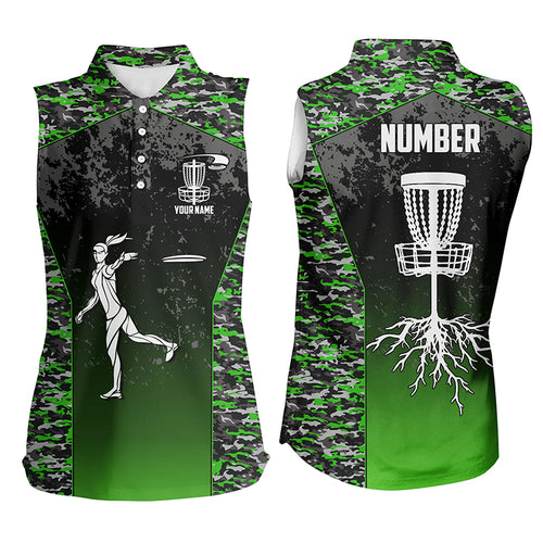 Disc Golf Green Camo Womens Sleeveless Polo Shirt Custom Camouflage Golf Shirts For Women Golf Gifts LDT0562