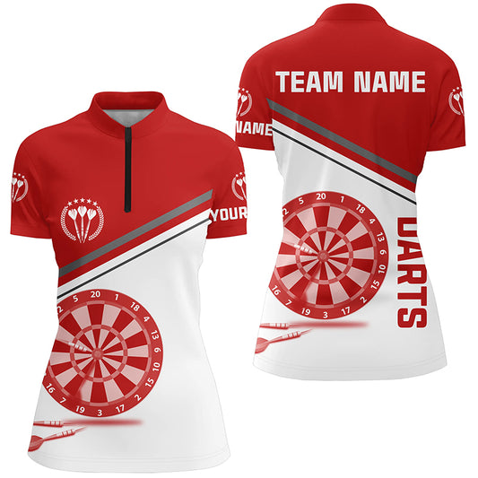 Red White Darts Quarter Zip Shirt With Name Customized Darts Shirts For Women Dart Jerseys LDT1297