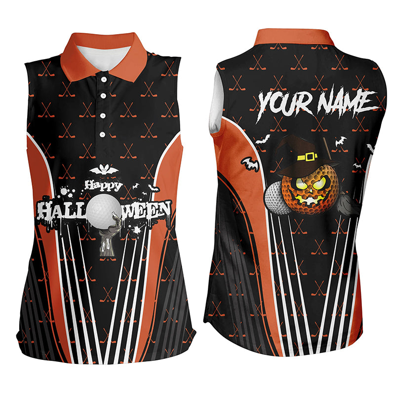 Happy Halloween Sleeveless Golf Polo Shirt Custom Orange Black Golf Shirts For Women Crazy Golf Gifts LDT0322