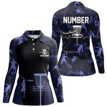 Load image into Gallery viewer, Blue Camo Womens Disc Golf Polo Shirts, Custom Camouflage Golf Shirts For Women, Disc Golf Gifts LDT0088