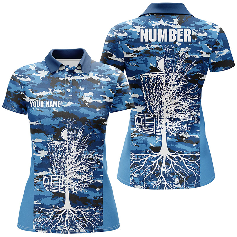 Blue Camo Womens Disc Golf Polo Shirts, Custom Camouflage Golf Shirts For Women, Disc Golf Gifts LDT0093