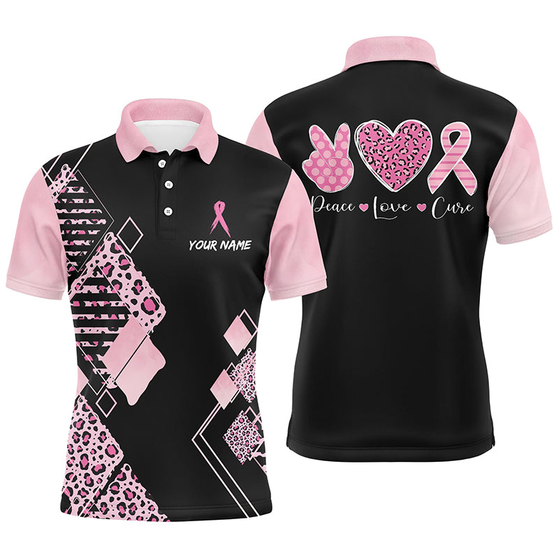 Black & Pink Leopard Pattern Mens Golf Polo Shirts Breast Cancer Pink Ribbon Golf Shirts For Men LDT1352