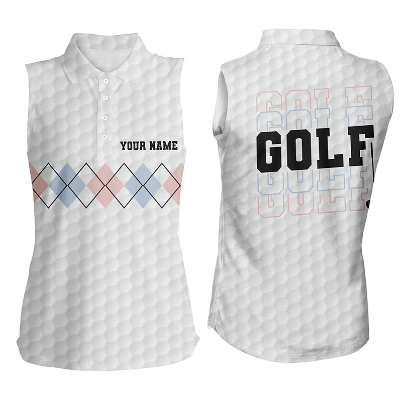 Pink Blue Argyle Pattern Womens Sleeveless Polo Shirt Custom White Golf Shirts For Women Golf Gifts LDT0950