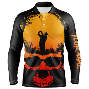 Skull Playing Golf Halloween Mens Polo Shirts Custom Orange Scary Golf Shirts For Men Golf Gifts LDT0423