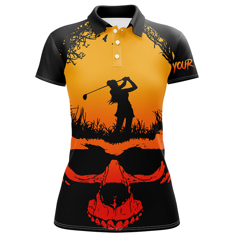 Skull Playing Golf Halloween Polo Shirts Custom Orange Scary Golf Shirts For Women Golf Gifts LDT0423