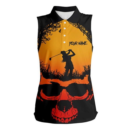 Skull Playing Golf Halloween Sleeveless Polo Shirts Orange Scary Golf Shirts For Women Golf Gifts LDT0423