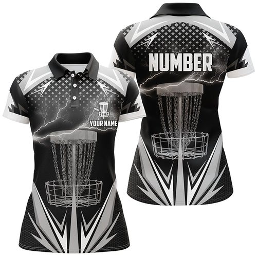 Black & White Thunder Disc Golf Polo Shirts, Custom Lightning Disc Golf Shirts For Women LDT0218