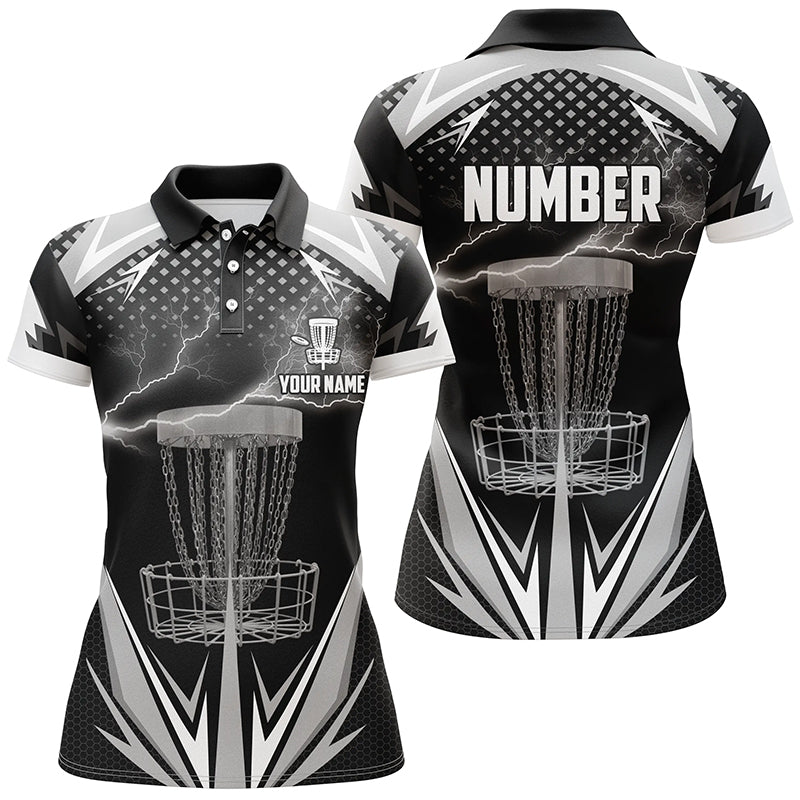 Black & White Thunder Disc Golf Polo Shirts, Custom Lightning Disc Golf Shirts For Women LDT0218