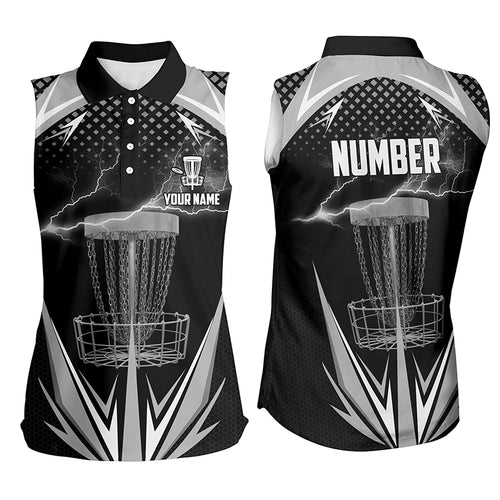 Black & White Thunder Disc Golf Sleeveless Polo Shirts, Custom Lightning Disc Golf Shirts For Women LDT0218