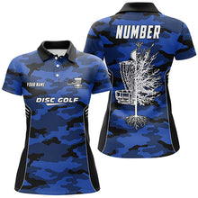 Load image into Gallery viewer, Blue Camo Womens Disc Golf Polo Shirt Custom Camouflage Disc Golf Shirts For Women Golf Gifts LDT0787