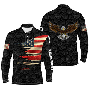 Vintage 3D American Flag Eagle Black Polo Shirt For Men, Custom Golf Pattern Patriotic Tops LDT0230