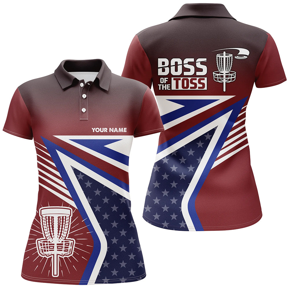 Boss Of The Toss American Flag Disc Golf Polos Custom Name Patriotic Golf Shirts For Women LDT0239