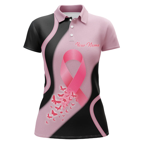 Black & Pink Butterfly Custom Womens Golf Shirt Breast Cancer Awareness Golf Tops For Ladies  LDT0248