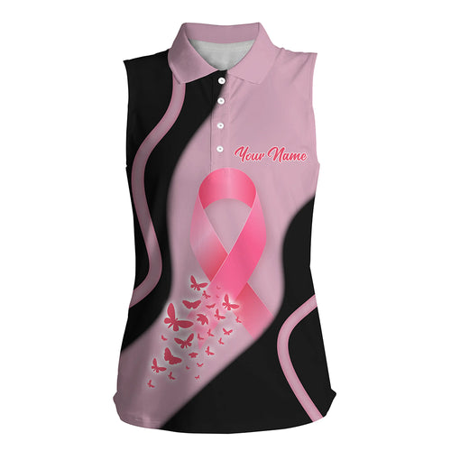 Black & Pink Butterfly Custom Womens Sleeveless Polo Shirt Breast Cancer Awareness Ladies Golf Tops LDT0248