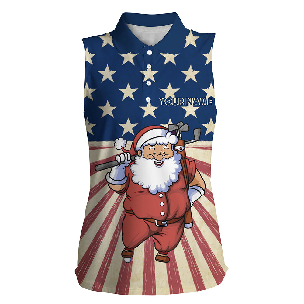 Santa Christmas Vintage American Flag Womens Sleeveless Polo Shirt Women Funny Golf Shirts Golf Gifts LDT0592