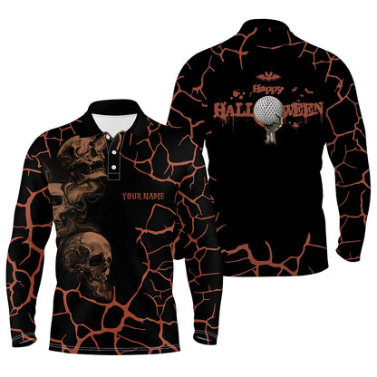 Mens Orange Happy Halloween Skull Golf Polo Shirts Spooky Halloween Golf Gift Idea For Men LDT0323