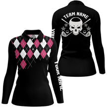 Load image into Gallery viewer, Pink Argyle Pattern Womens Golf Polo Shirts Customized Skull Golf Shirts For Women, Ladies Golf Gifts LDT0099