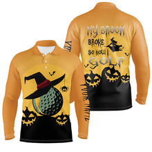 Load image into Gallery viewer, My Broom Broke So Now I Golf Orange Mens Halloween Polo Shirts Witch Scary Golf Gifts For Men LDT0346