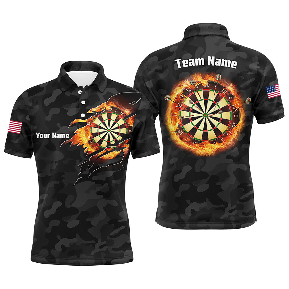 Personalized Basic Black Camo Flame Dartboard Polo Shirt Custom Dart Jersey For Men LDT0356